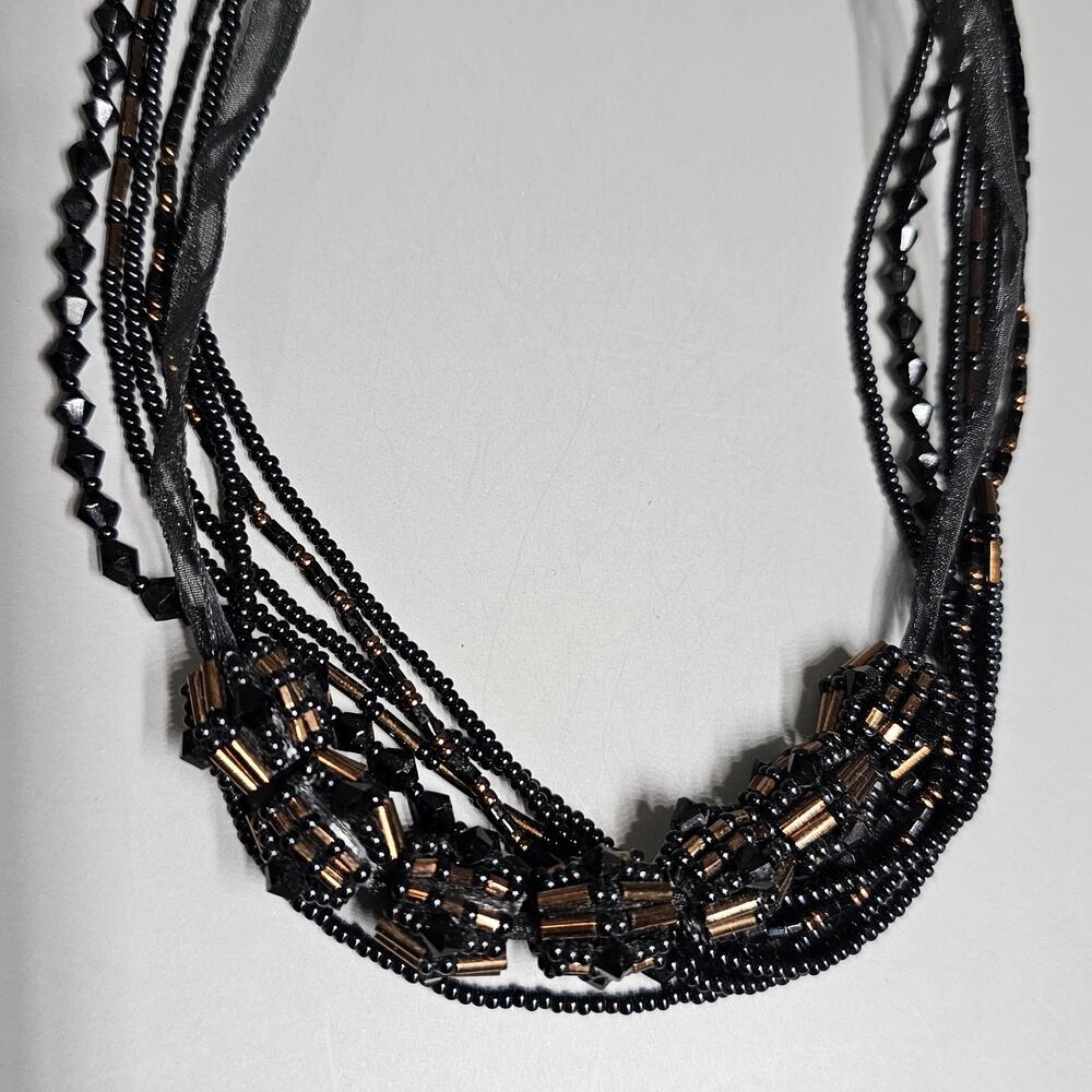 Black Multi Strand Beaded Statement Necklace Organza Ribbon Accent Adjustable